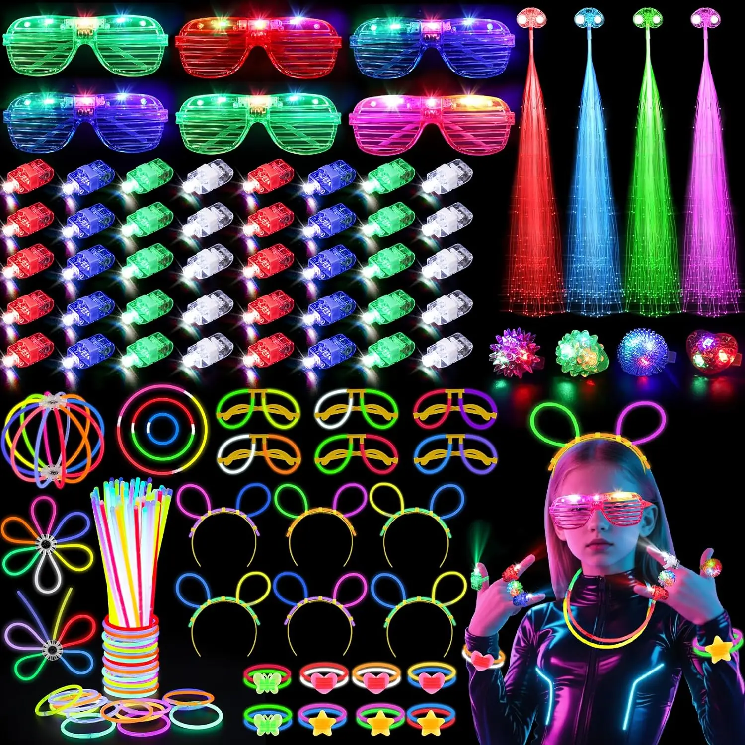 Glow In The Dark Party Glasses - 128個入り 光るメガネ LEDヘアクリップ 指先ライト リング グロースティック
