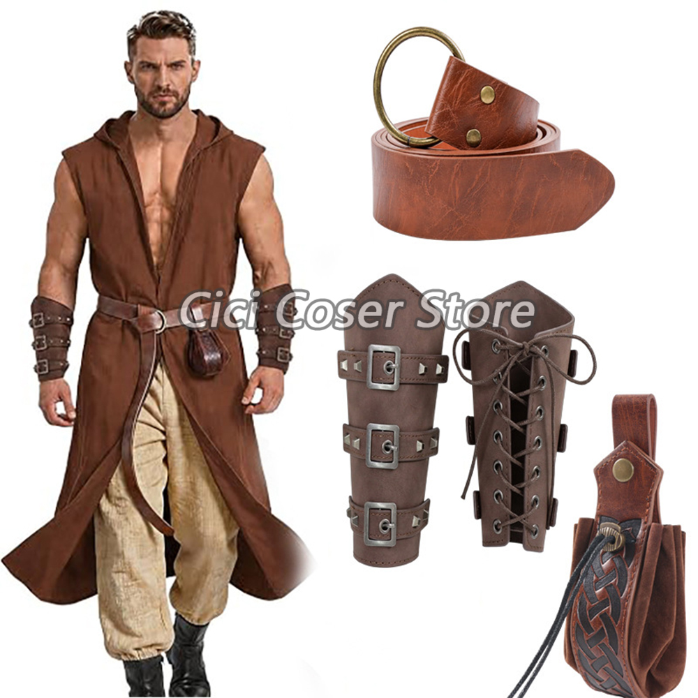 Costumes - 中世風PUレザーベルト、腕当て、腰ポーチのセット。バイキング、騎士、海賊のコスプレ衣装や、ハロウィーン、ルネサンス時代の衣装に使える小道具。