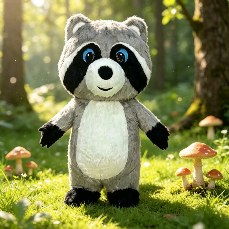 Costumes - グレーのふわふわ素材で作られた、空気で膨らませるタイプのアライグマの着ぐるみ。ハロウィン、クリスマス、パーティー、コスプレ、ストリートパフォーマンスなど、様々な場面で使える面白い衣装。