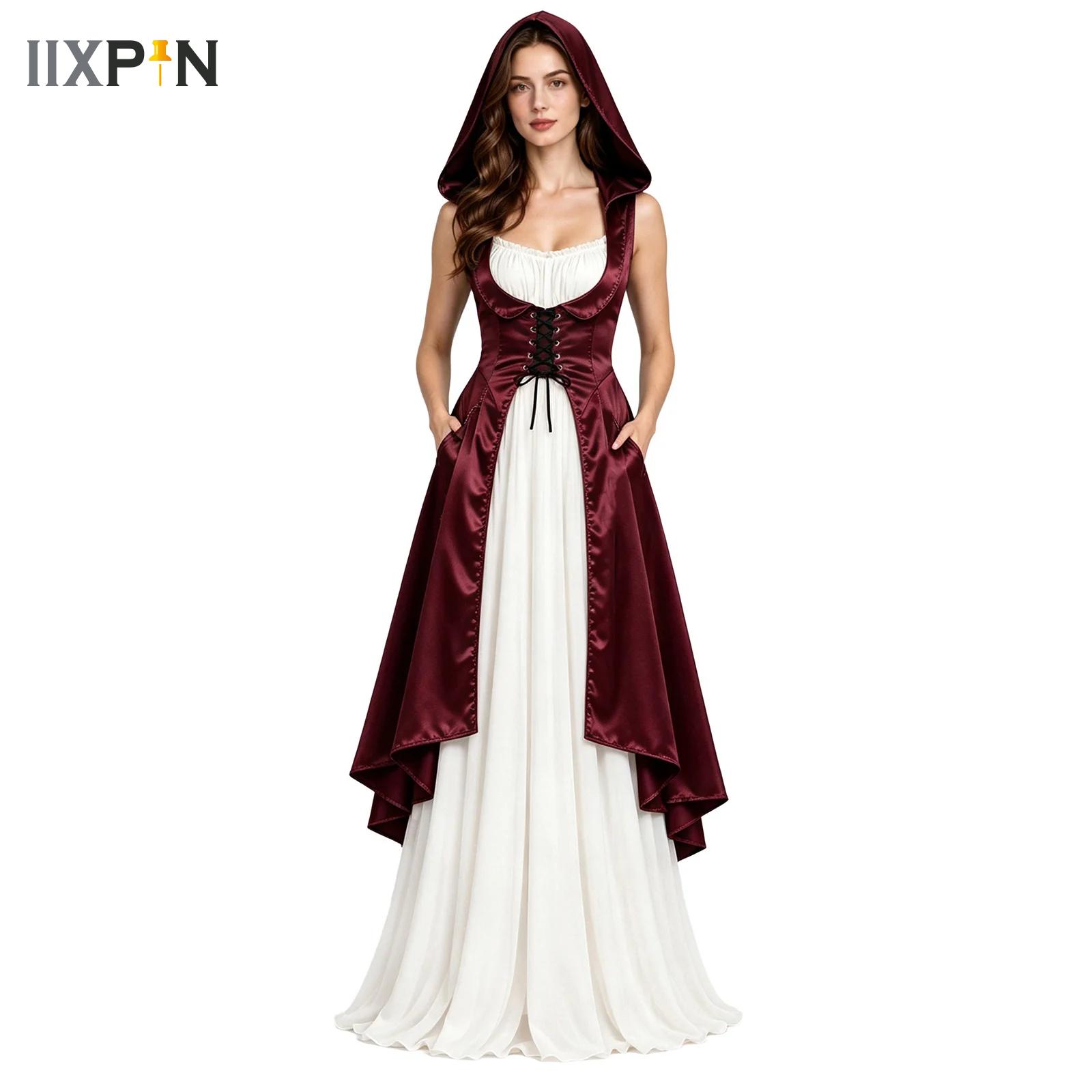 Medieval Renaissance Dress Women - レディース・ルネサンス衣装、ハロウィーン衣装、中世風ヴィンテージ・フード付き衣装、レースアップ・ハイローデザイン・サテン製プルオーバーワンピース。