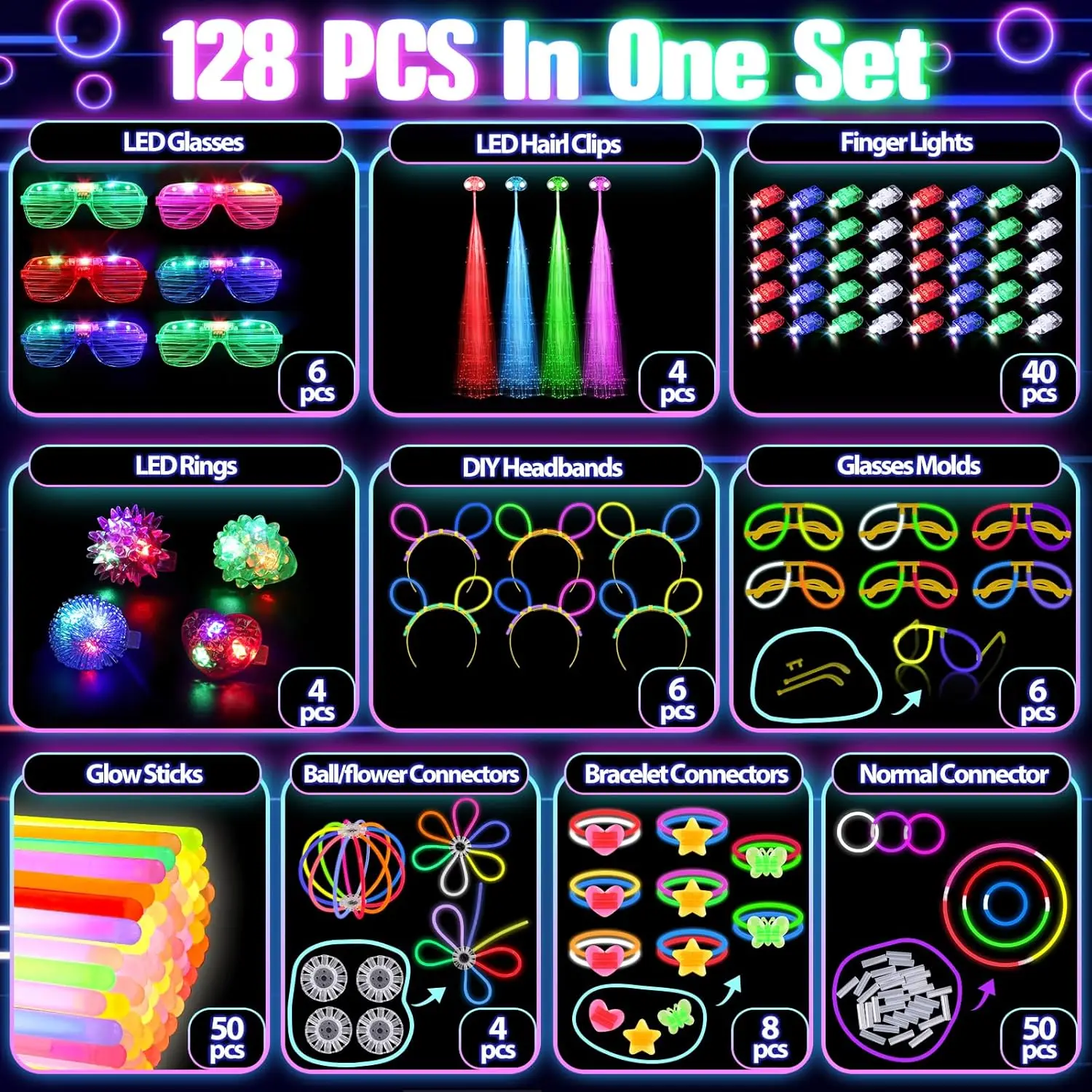 128個入り 光るメガネ LEDヘアクリップ 指先ライト リ - Glow In The Dark Party Glasses のレビューと価格
