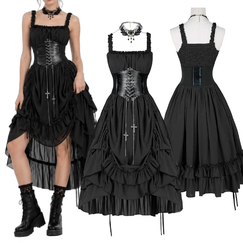 女性ゴシックドレスコルセットスリップブラックパンクロリータ不 - Medieval Renaissance Dress Women のレビューと価格